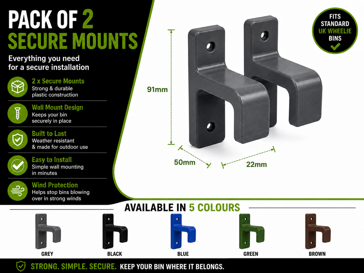 Wheelie Bin Wall Mount Clips x2 | Storm Clips | Heavy Duty PETG