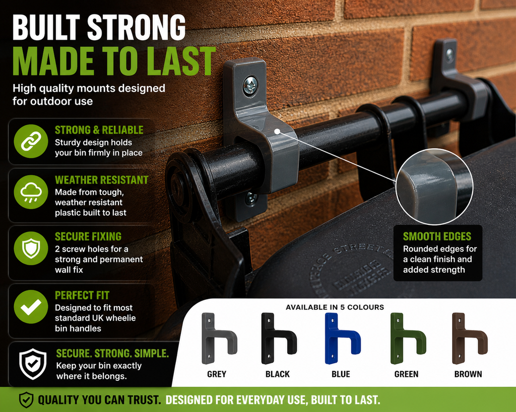 Wheelie Bin Wall Mount Clips x2 | Storm Clips | Heavy Duty PETG