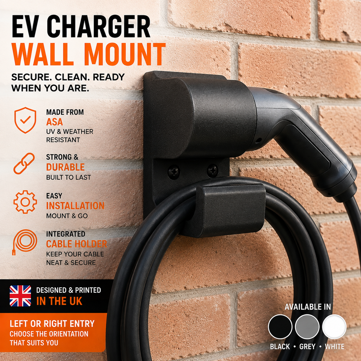 Type 2 EV Charger Wall Mount Holder | ASA Weather Resistant Holster | Outdoor Charging Plug Dock | Black White Grey | Left & Right Entry