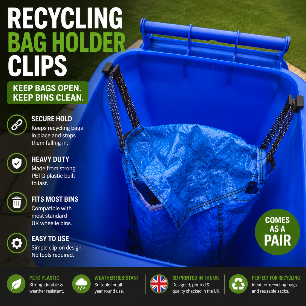 Recycling Bag Holder Clips x2 | Wheelie Bin Recycling Bag Clips | PETG