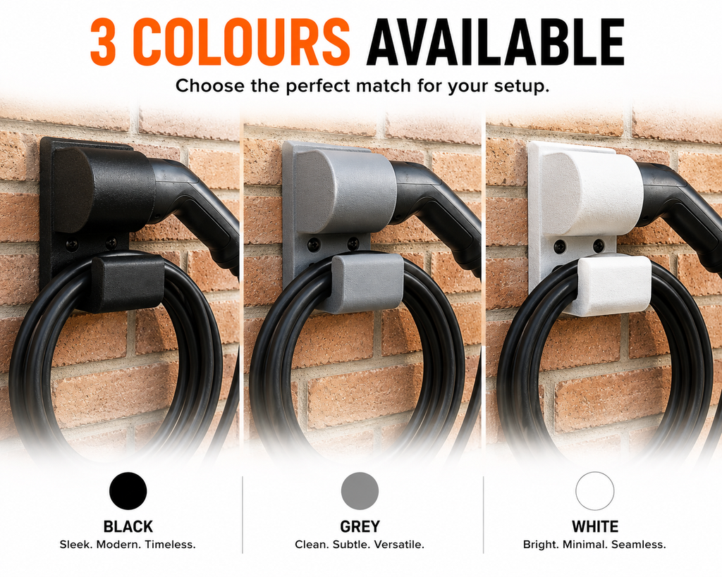 Type 2 EV Charger Wall Mount Holder | ASA Weather Resistant Holster | Outdoor Charging Plug Dock | Black White Grey | Left & Right Entry