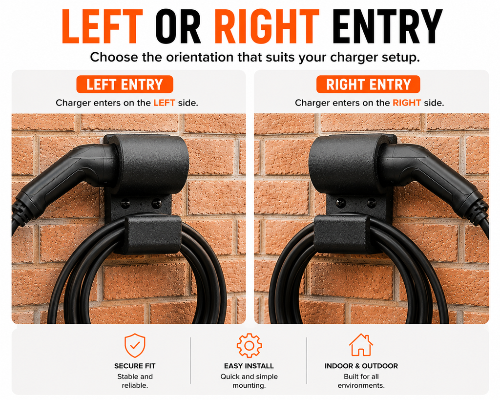 Type 2 EV Charger Wall Mount Holder | ASA Weather Resistant Holster | Outdoor Charging Plug Dock | Black White Grey | Left & Right Entry