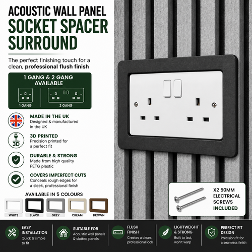 Acoustic Wall Panel Socket Surround Spacer | Flush Frame | 1 Gang & 2 Gang