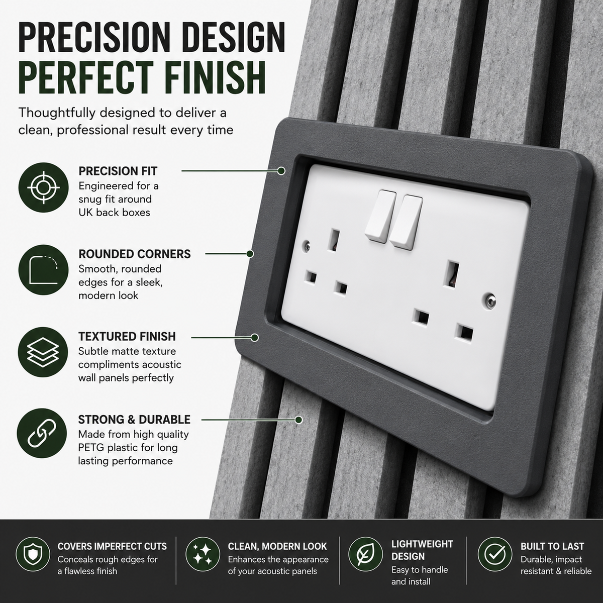 Acoustic Wall Panel Socket Surround Spacer | Flush Frame | 1 Gang & 2 Gang