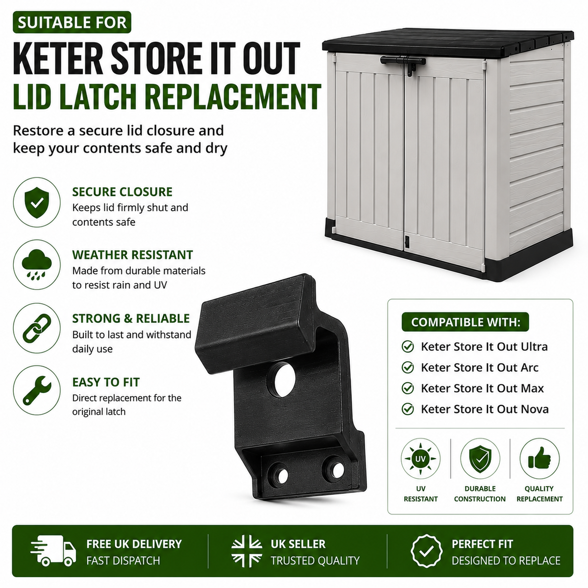 Keter Store It Out Replacement Lid Latch | ASA UV Resistant Lock Catch