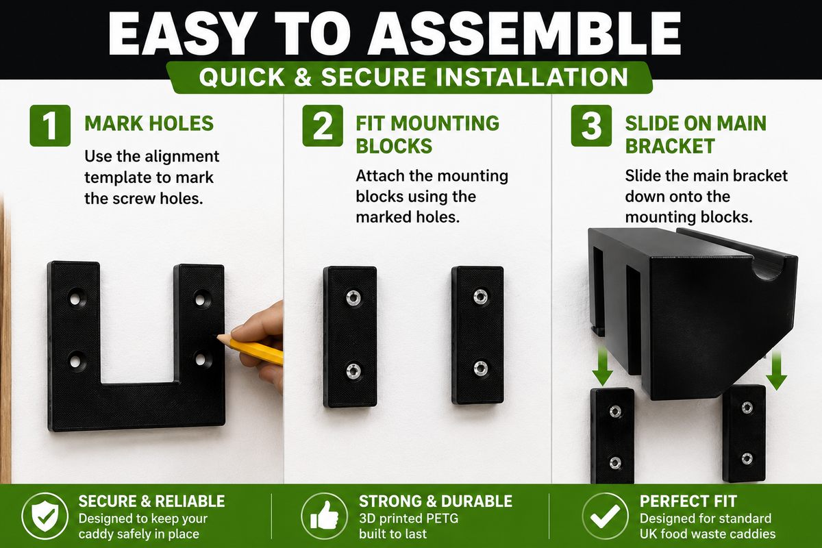 Wall Mounted indoor Food Waste Caddy Holder Bracket | Fits Standard UK Council