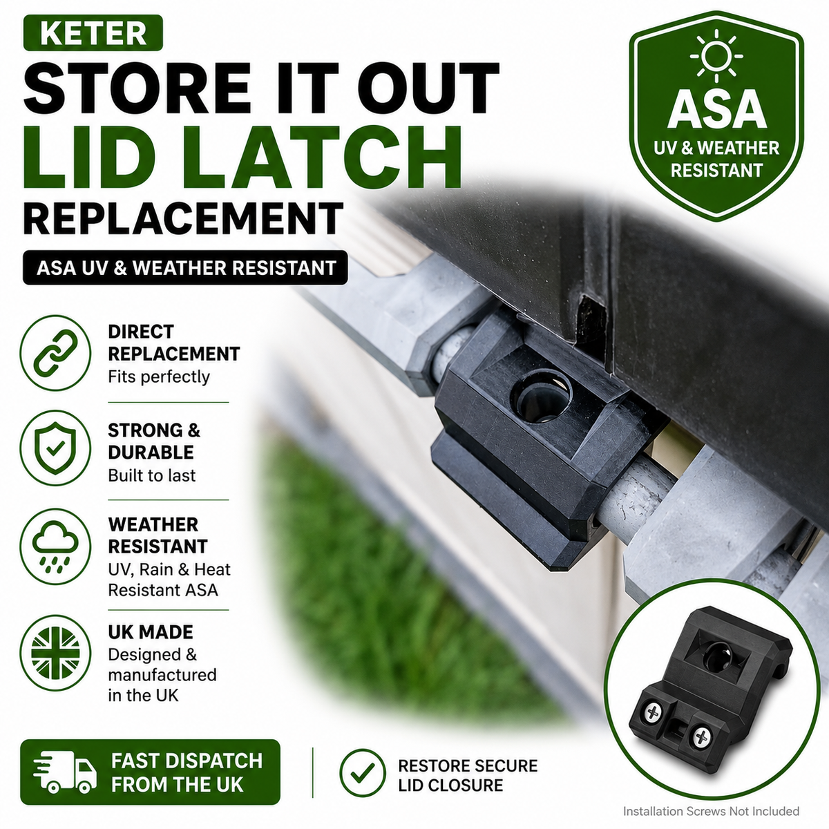 Keter Store It Out Replacement Lid Latch | ASA UV Resistant Lock Catch