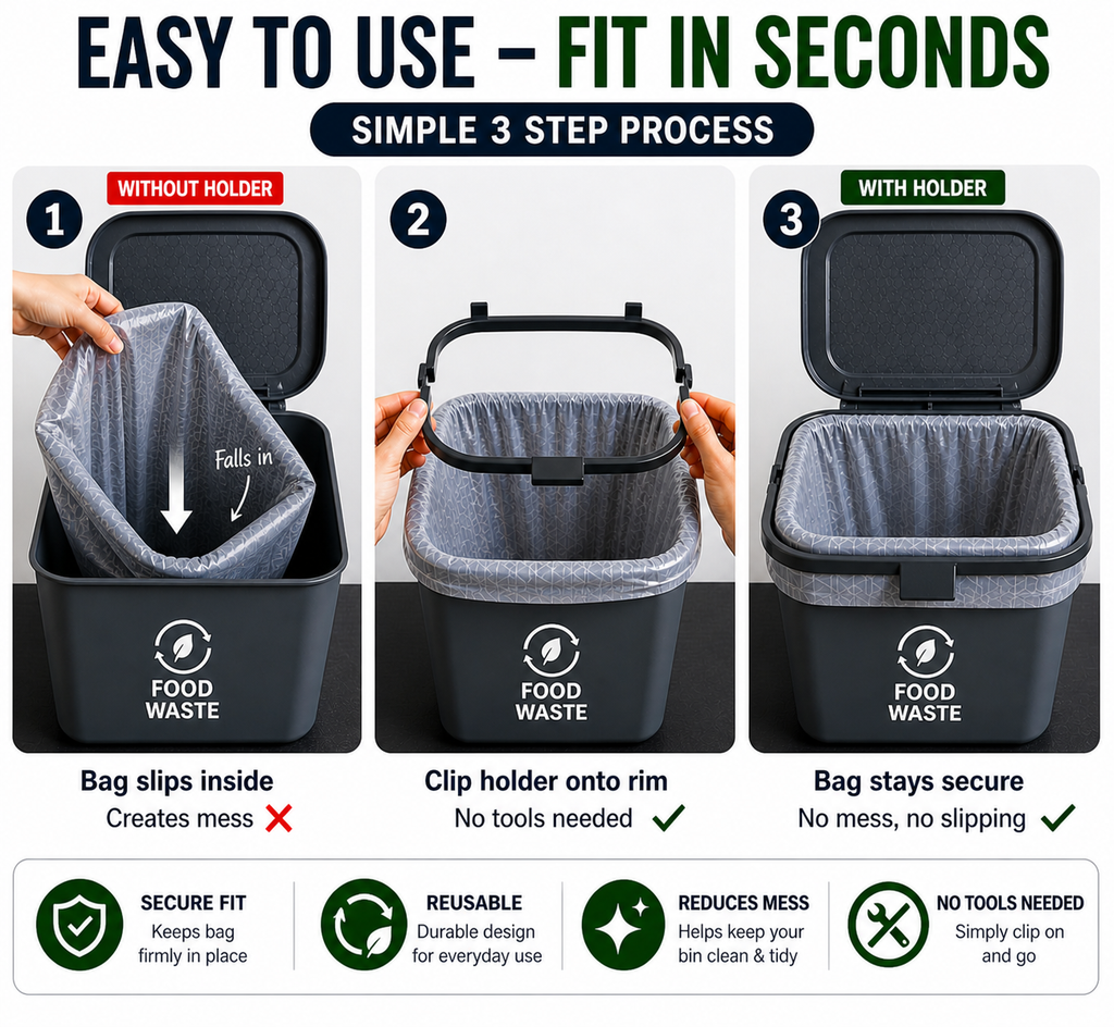 UK Council Food Waste Caddy Bag Holder | Stops Liner Falling In PETG