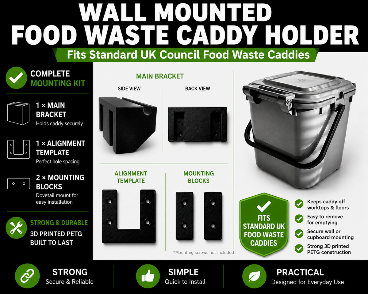 Wall Mounted indoor Food Waste Caddy Holder Bracket | Fits Standard UK Council