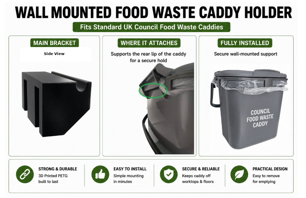 Wall Mounted indoor Food Waste Caddy Holder Bracket | Fits Standard UK Council