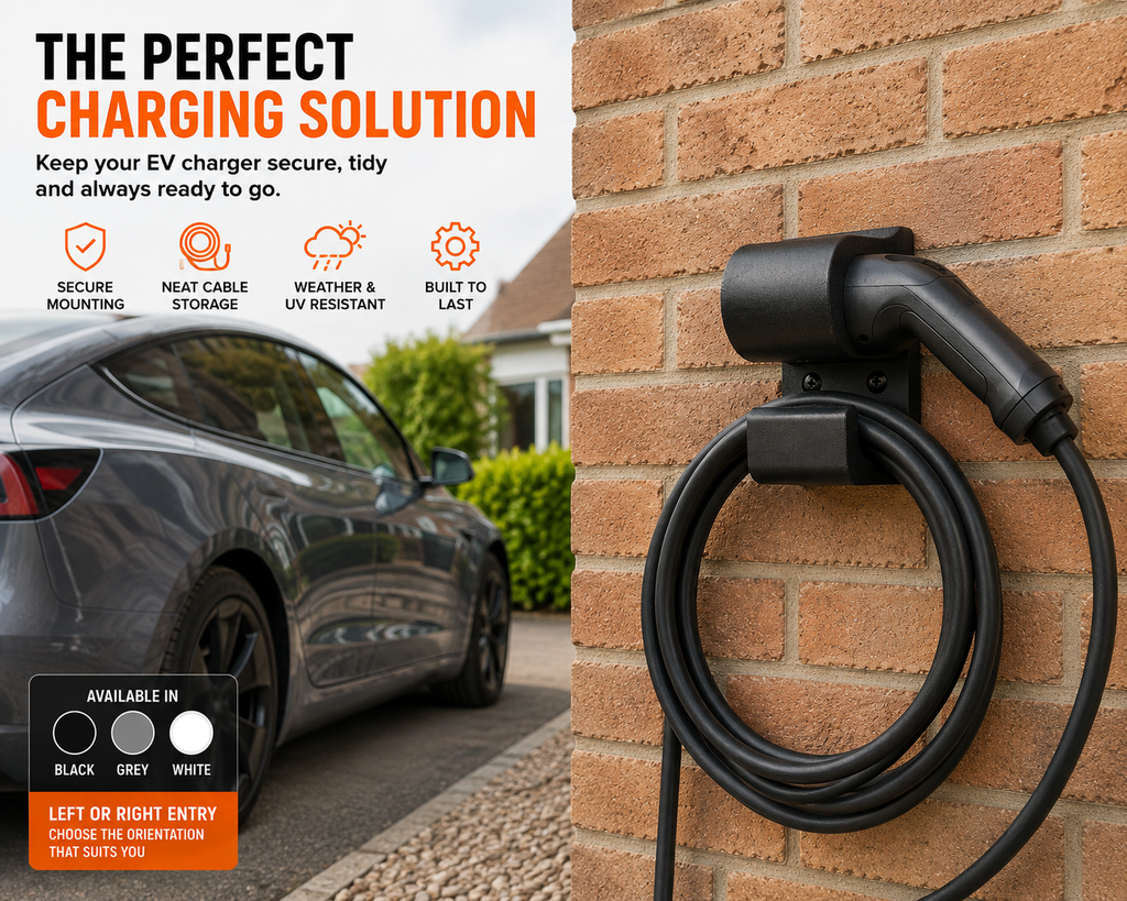 Type 2 EV Charger Wall Mount Holder | ASA Weather Resistant Holster | Outdoor Charging Plug Dock | Black White Grey | Left & Right Entry